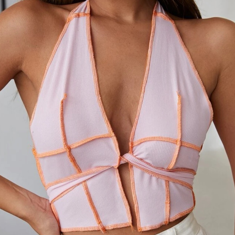 Light Pink w/ Orange Stitching Tie Back Stitch Trim Halter Top